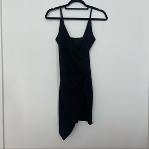 Black Asymmetrical Faux Wrap Bodycon Dress w/ Synched Side Detailing